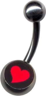 p1523_4 Bauchnabelpiercing schwarz mit rotem Herz Motiv Stahl Kugel