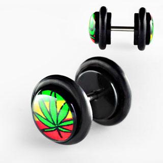 Fake Plug UV Hanfblatt Rasta Farben Ohr Piercing Stahl Ohrstecker