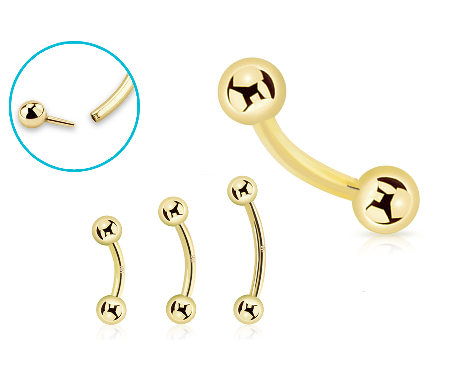 Piercing Banane Stecker 18karat Echtgold Gelbgold mit 3mm-Kugeln