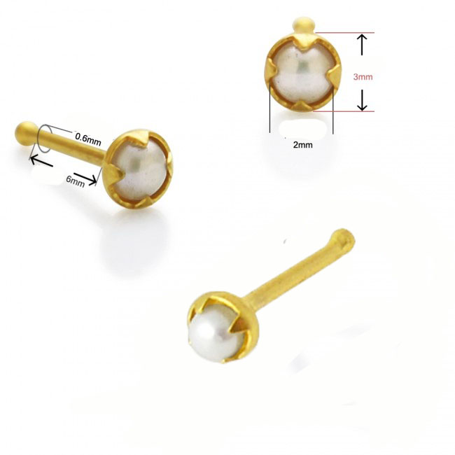 14karat Echtgold Nasenstecker Pin Nasenpiercing Gelbgold 2mm-Perle mit Geschenkbox
