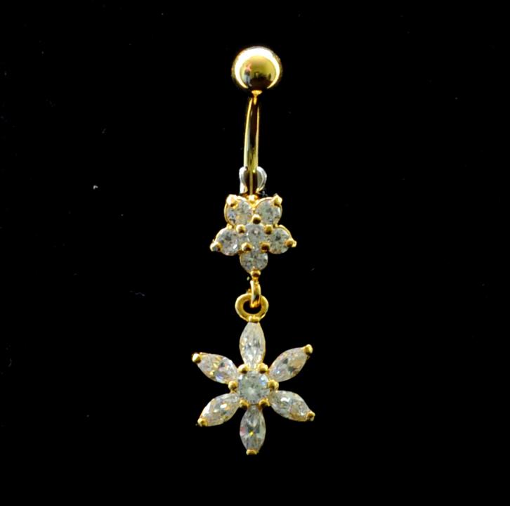 job_0009 Bauchnabelpiercing Titan 925er Silber-Motiv goldfarbig Kristallblumen