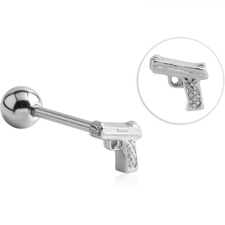 Zungenpiercing Barbell mit Revolver Motiv Stahl Hantel 1,6mm | Piercing-Store.com Zungenpiercing Barbell mit Revolver Motiv Stahl Hantel 1,6mm | Piercing-Store.com