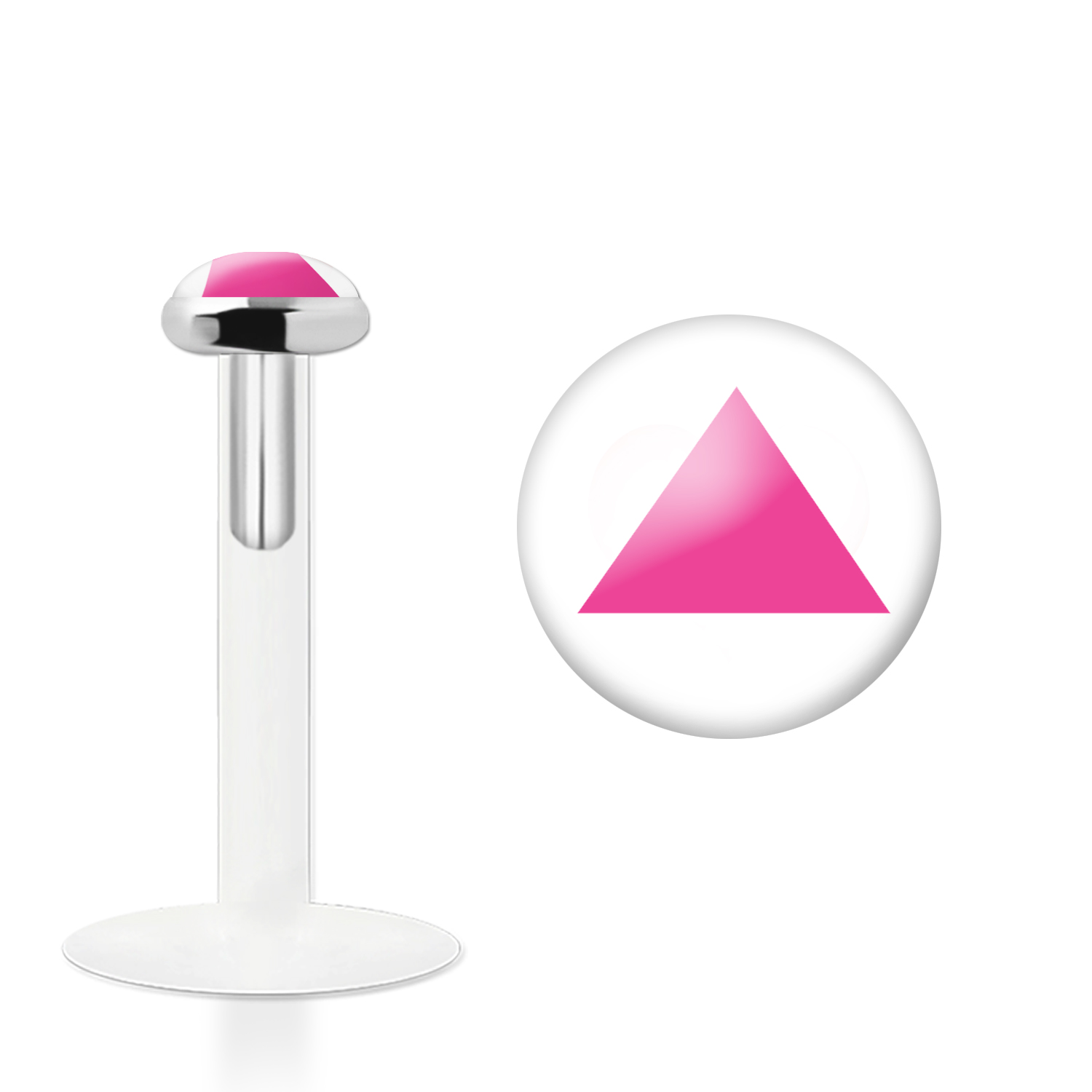 Labret Stecker Bioflex mit Steckaufsatz aus Silber und Logo-Motiv Dreieck pink
