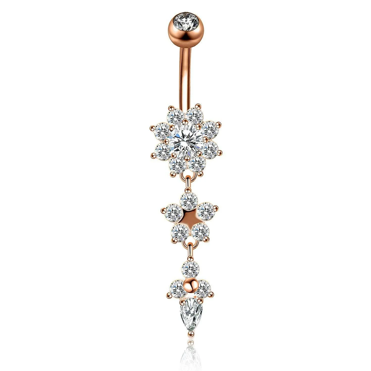 Bauchnabelpiercing Chirurgenstahl 316L roségoldfarbig Blume mit Kristallen