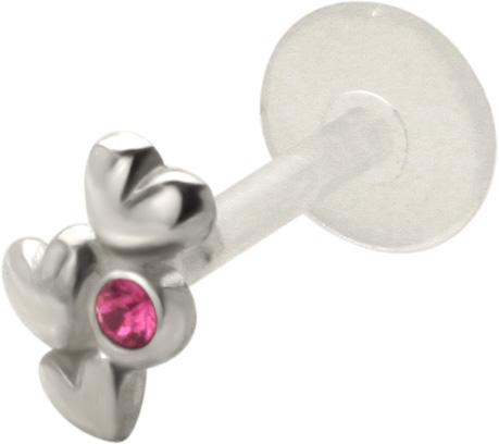 PTFE Piercing Labret Stecker 3 Herzen Kristall Pink Silber 1.2 mm