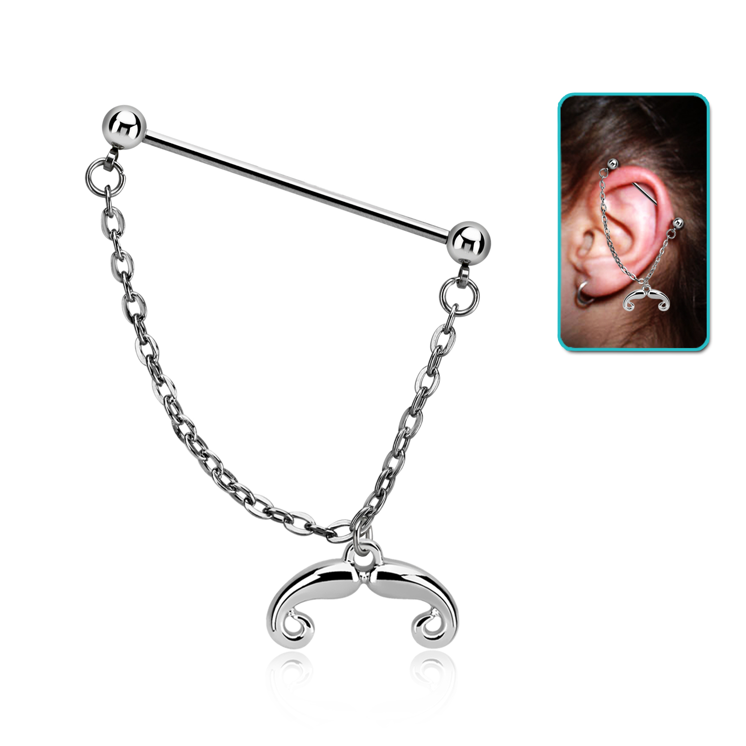 Industrial Barbell Chirurgenstahl mit Kette und Schnurrbart I