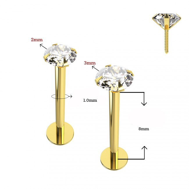 Piercing Labret Stecker 14karat Echtgold Gelbgold mit Kristall Schraubaufsatz 1.0mm  mit Geschenkbox