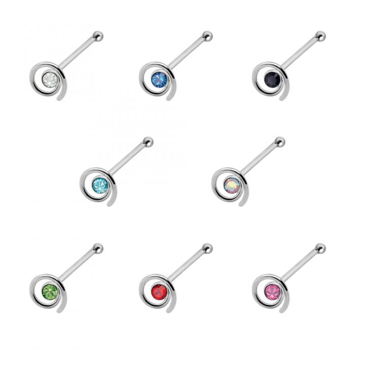 Nasenstecker Pin Silber Wirbel silberfarbig mit acht wählbaren Kristallfarben