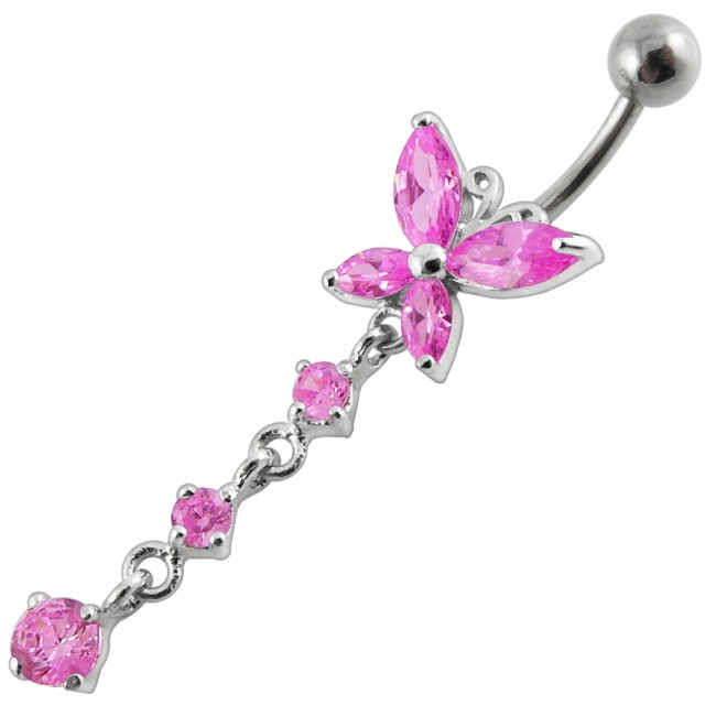 Bauchnabelpiercing Titan 925er Silbermotiv pink Blume mit Schmetterling   8mm/10mm/12mm Stablänge