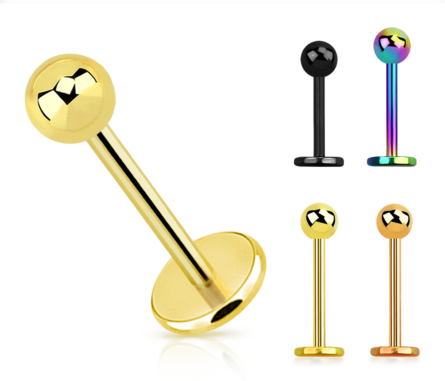 Labret Stecker goldfarbig schwarz roségoldfarbig regenbogenfarbig mit Kugel Stabstärke: 0.8mm