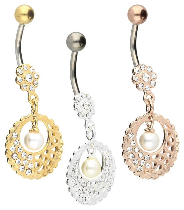 Bauchnabelpiercing Titan 925er Silber-Motiv Mandala + Perle silberfarbig goldfarbig roségoldfarbig