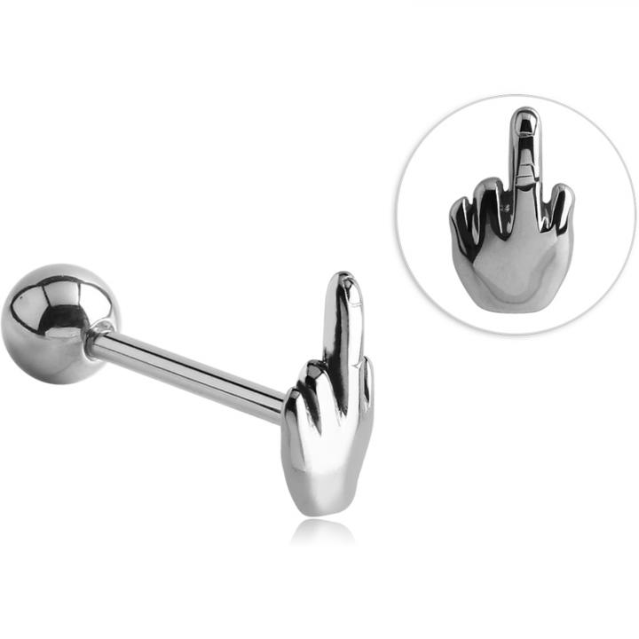 Zungenpiercing Barbell mit Mittelfinger Motiv Stahl Hantel 1,6mm | Piercing-Store.com Zungenpiercing Barbell mit Mittelfinger Motiv Stahl Hantel 1,6mm | Piercing-Store.com