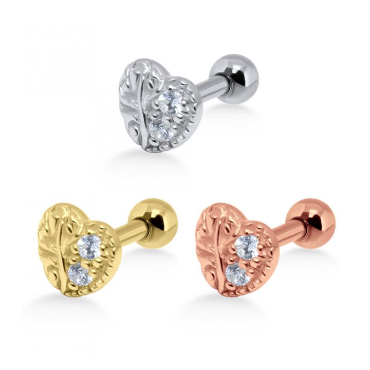 Helix Tragus Piercing Herz mit Kristallen silberfarbig goldfarbig roségoldfarbig