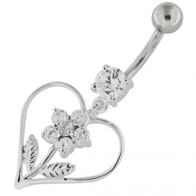 Bauchnabelpiercing Titan 925er Silber-Motiv Herz mit Rose