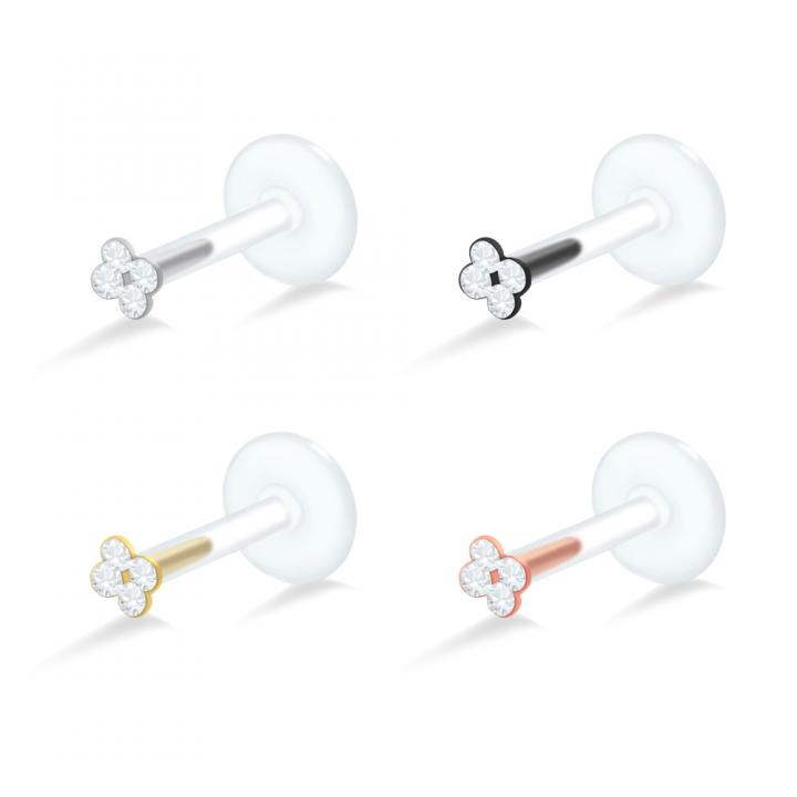 PTFE Tragus Labret vier Kristalle silber schwarz goldfarbig roségoldfarbig