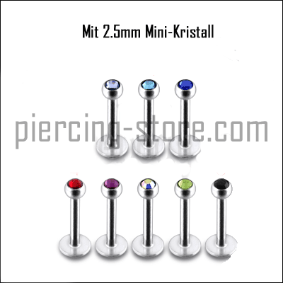 Piercing Labret Stecker 2.5mm-Kristall Kugel 16 Farben Stahl 1.2 mm