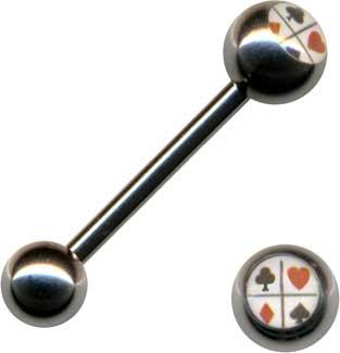 p1485_5 Zungenpiercing Barbell Karten Spielkarten Motiv Stahl Hantel 1.6 mm