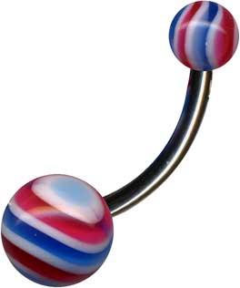 p3051_4 Bauchnabelpiercing gestreift rot-weiß-blau Acryl Kugeln Stahl Banane