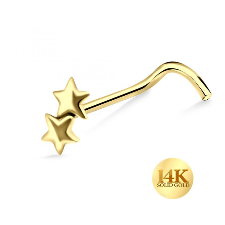 🦚 14karat Gold Nasenstecker Spirale Nasenpiercing Gelbgold zwei Sterne mit Geschenkbox 🦚 14karat Gold Nasenstecker Spirale Nasenpiercing Gelbgold zwei Sterne mit Geschenkbox