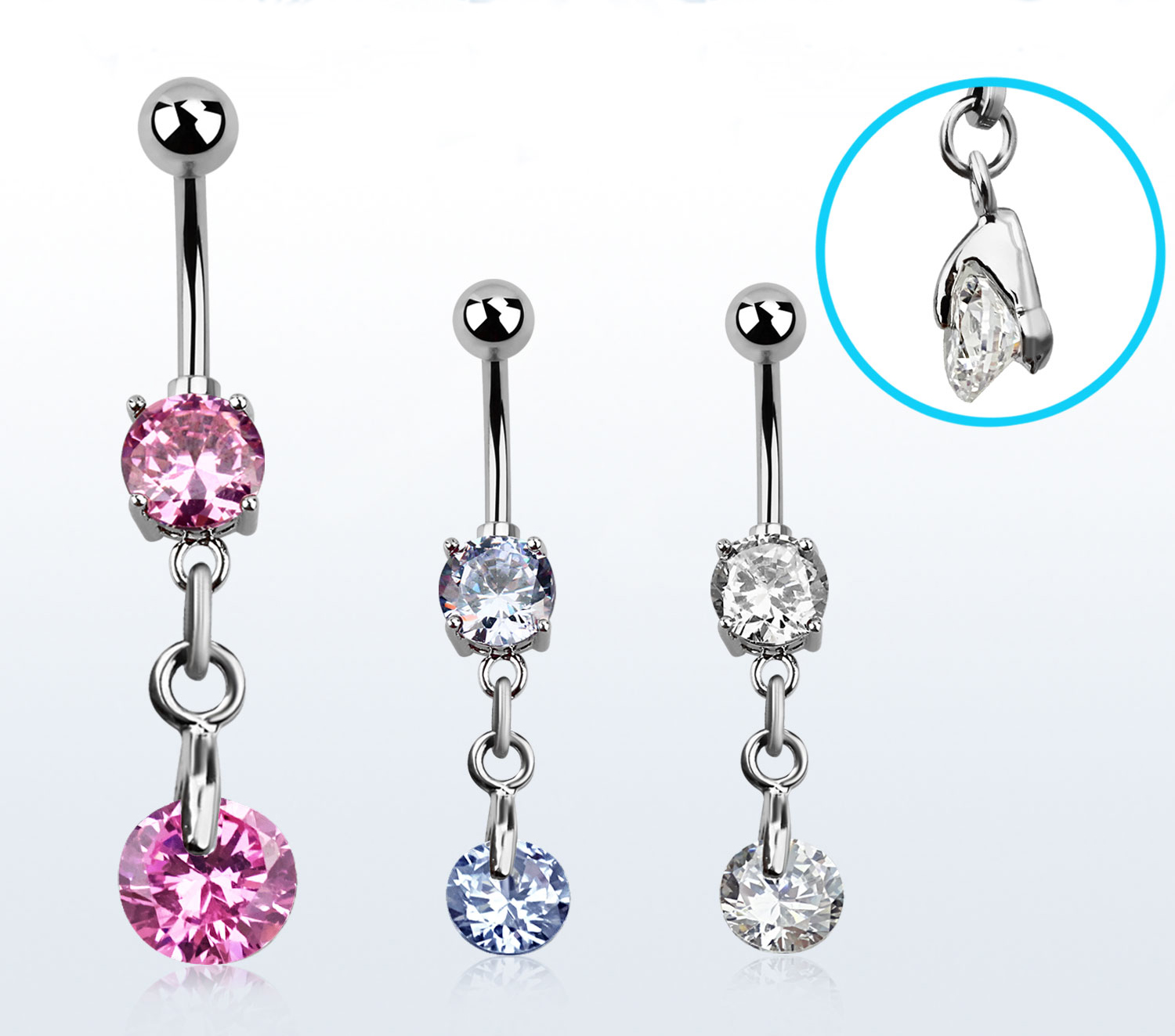 Bauchnabelpiercing Titan mit eingefasstem Kristall + Kristall-Anhänger 8mm bis 16mm Stablänge