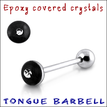 bar188_2 Zungenpiercing Epoxy Multi Kristall Schwarz mit Klar Barbell