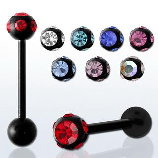 Piercing Barbell schwarz mit Multi Kristall Kugel 5 Farben Hantel