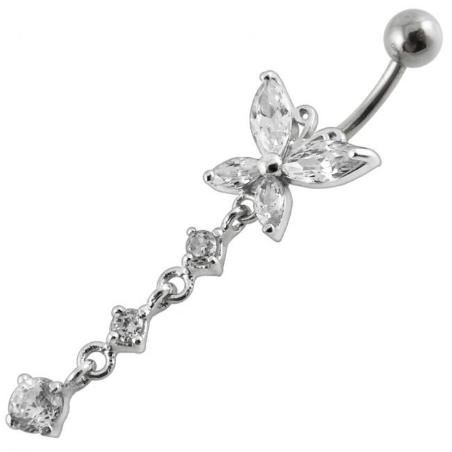 Bauchnabelpiercing Titan 925er Silbermotiv Blume mit Schmetterling   8mm/10mm/12mm Stablänge