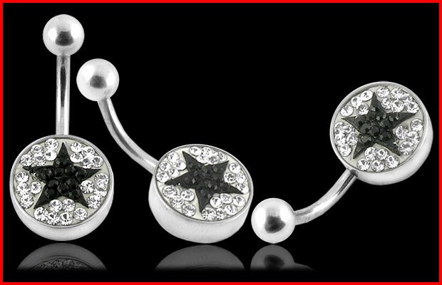 Bauchnabelpiercing Stern Klar-Schwarz flache Multi Kristallkugel