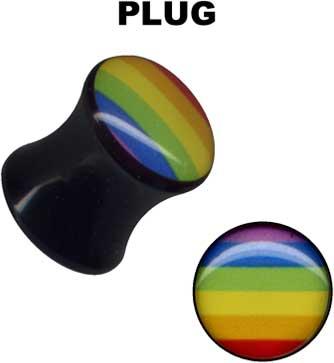 32148 Ohr Piercing Plug schwarz mit Regenbogen Muster Motiv Acryl