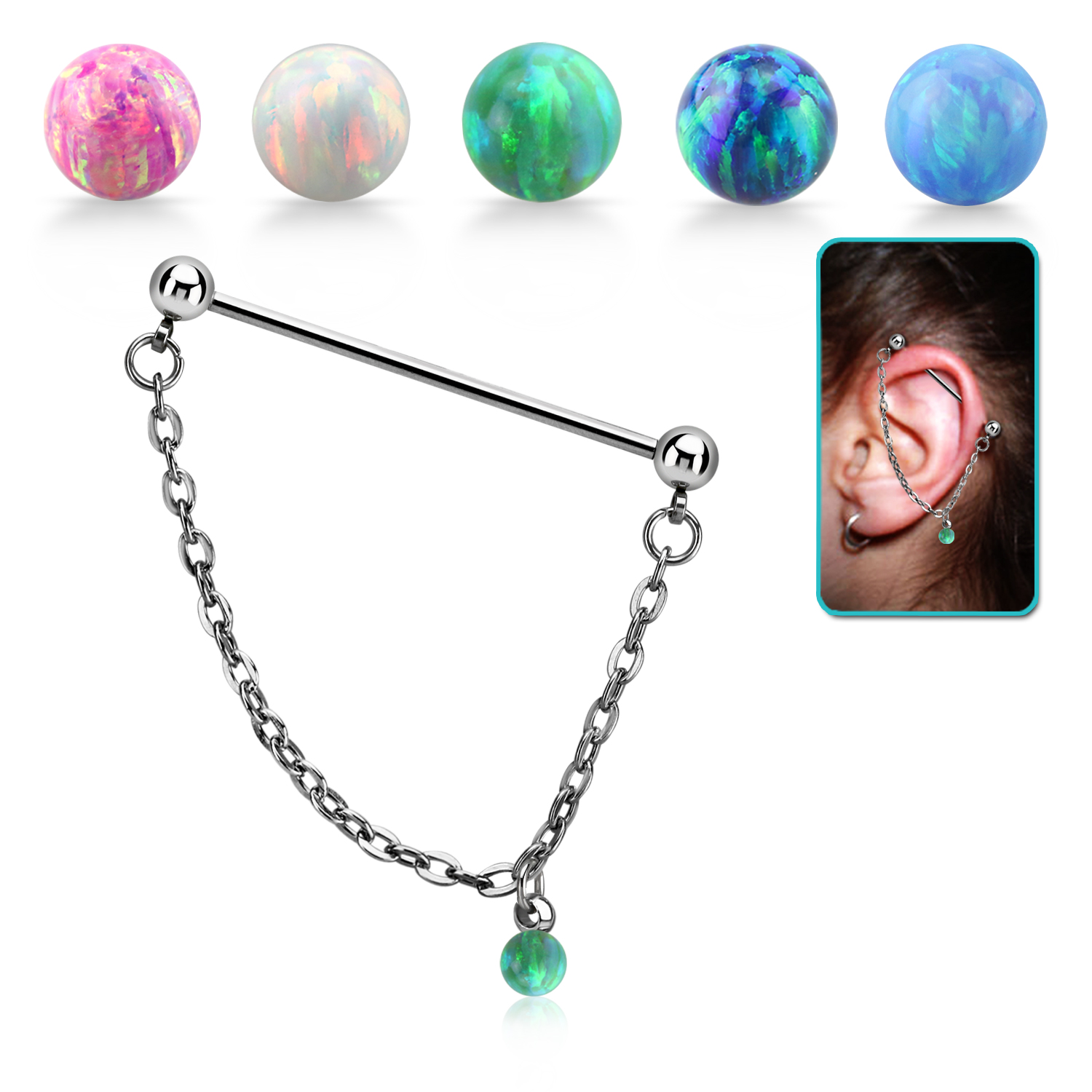 Industrial Barbell Chirurgenstahl mit Kette und synthetischem Opal