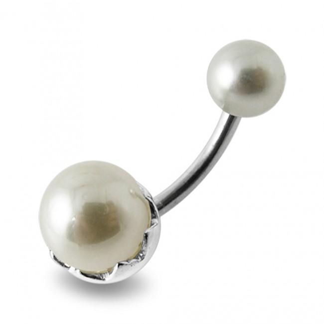 Bauchnabelpiercing Titan 925er Silbermotiv mit synthetischer Perle creme 8mm/10mm/12mm Stablänge