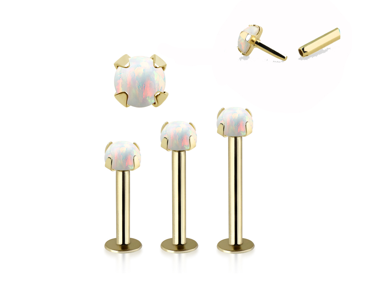 Piercing Labret Stecker 14karat Echtgold Gelbgold synthetischer 3mm-Opal mit Geschenkbox