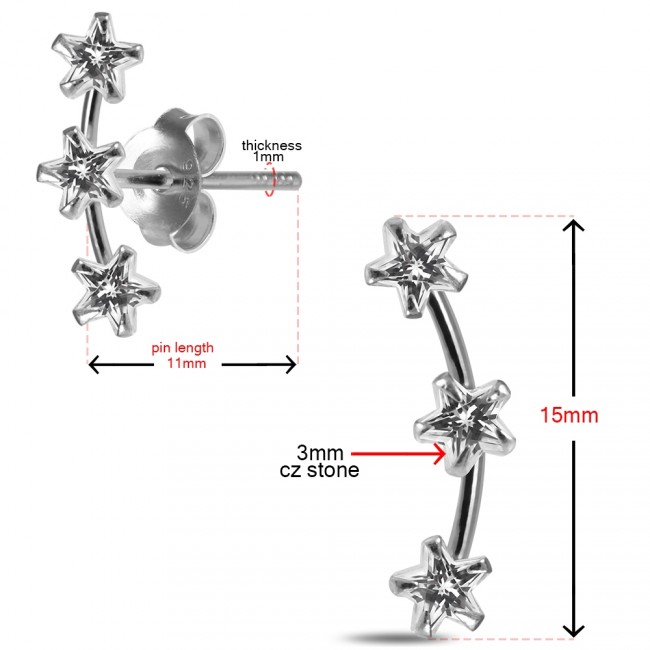 Ohrstecker aus 925er Sterling Silber mit drei sternförmigen 3mm-Kristallen