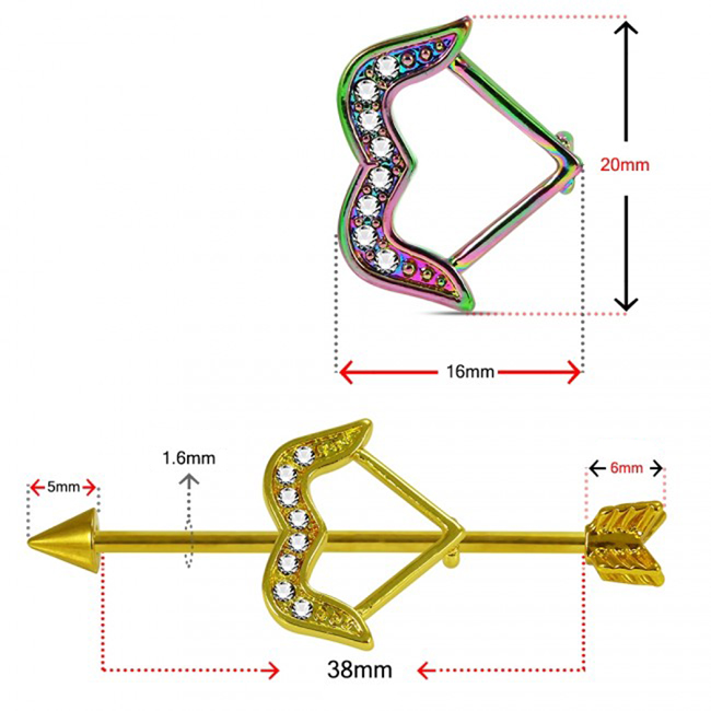 Industrial Piercing Pfeil + Bogen silberfarbig goldfarbig roségoldfarbig regenbogenfarbig