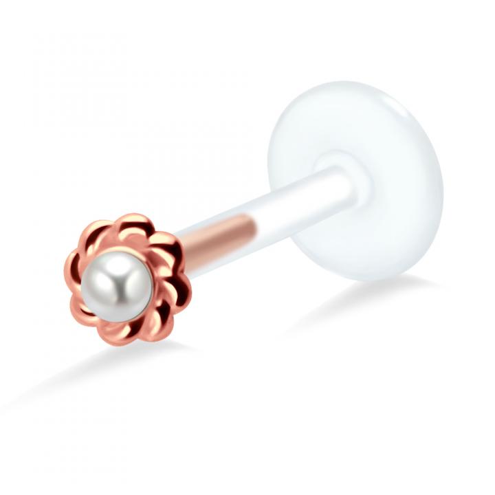 PTFE Tragus Labret Blume mit Kunstperle silber schwarz goldfarbig roségoldfarbig