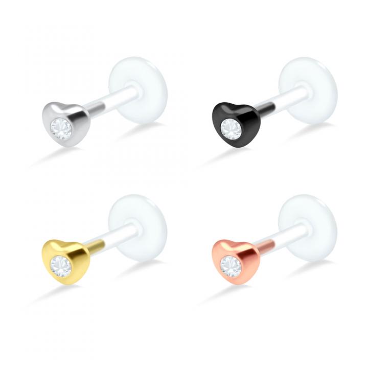 PTFE Tragus Labret Kristallherz silber schwarz goldfarbig roségoldfarbig