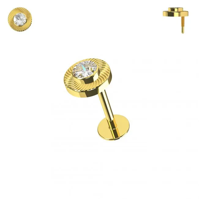 Piercing Labret Stecker 14karat Echtgold Gelbgold Kristalldesign mit Geschenkbox