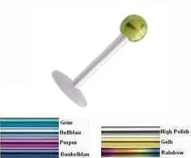 PTFE Labret Piercing Stecker farbige Kugel 7 Farben Titan anodisiert