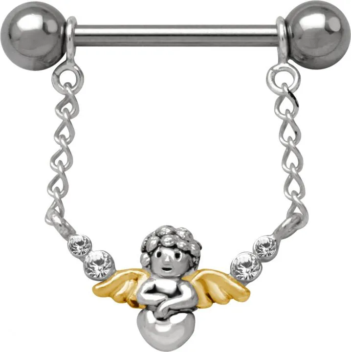 Brustwarzenpiercing Kristall Engel goldene Flügel mit Barbell Nipple