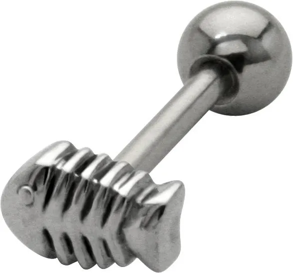 Zungenpiercing Barbell mit Fishbone Motiv Stahl Hantel 1,6mm