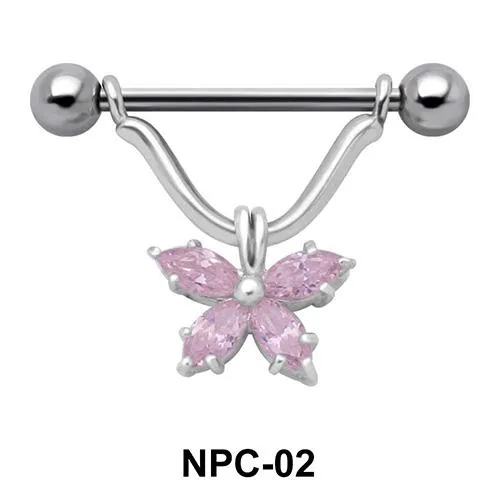 Brustwarzenpiercing Schild Anhänger Schmetterling rosa mit Barbell Nipple Piercing