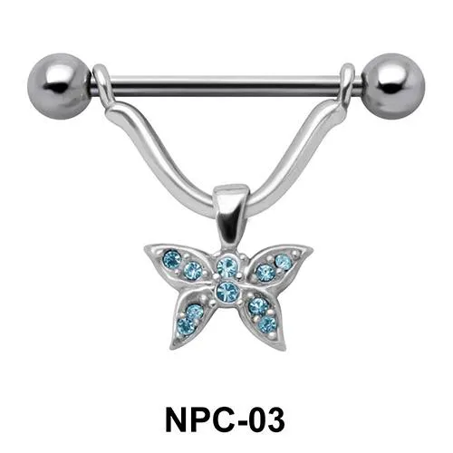 Brustwarzenpiercing Schild Anhänger Schmetterling aqua mit Barbell Nipple Piercing