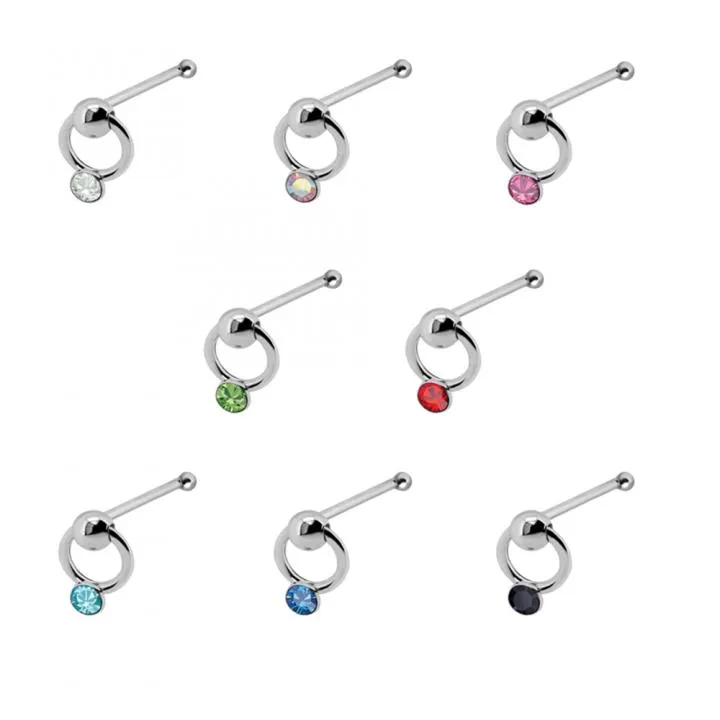 Nasenstecker Pin Silber Kristallring silberfarbig mit acht wählbaren Kristallfarben