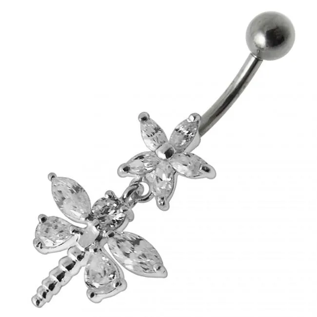 Bauchnabelpiercing Titan 925er Silber-Motiv Blume mit Libelle