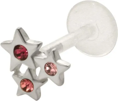 PTFE Piercing Labret Stecker 3 Kristall Sterne pink/rosa Silber 1.2 mm