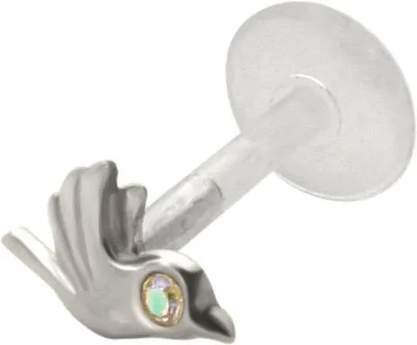 PTFE Piercing Labret Stecker Vogel mit Kristall Silber 1.2 mm